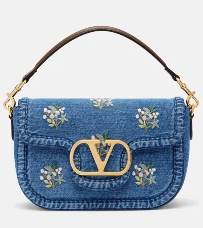 Valentino Alltime Medium Embroidered Denim Shoulder Bag With Embroidered Ribbon Strap In Blue