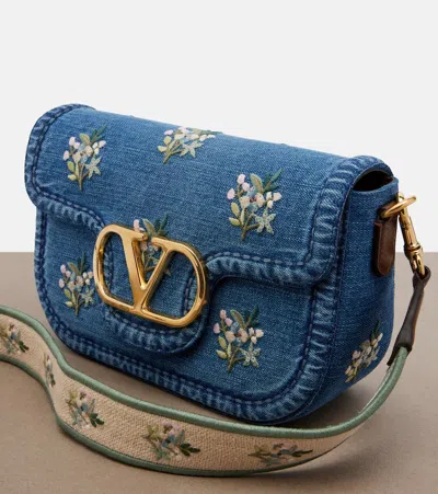 Valentino Alltime Medium Embroidered Denim Shoulder Bag With Embroidered Ribbon Strap In Blue