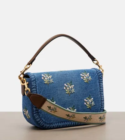 Valentino Alltime Medium Embroidered Denim Shoulder Bag With Embroidered Ribbon Strap In Blue