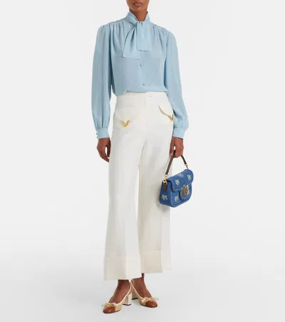 Valentino Alltime Medium Embroidered Denim Shoulder Bag With Embroidered Ribbon Strap In Blue