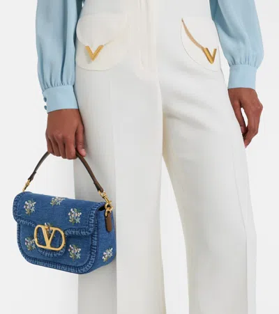Valentino Alltime Medium Embroidered Denim Shoulder Bag With Embroidered Ribbon Strap In Blue