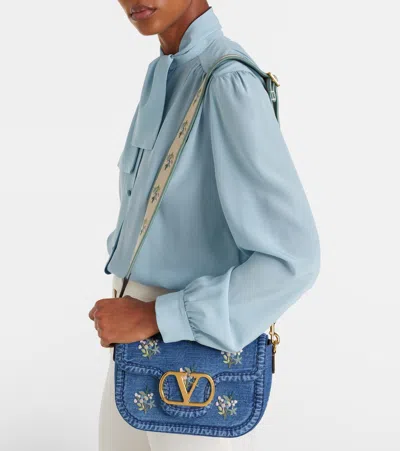 Valentino Alltime Medium Embroidered Denim Shoulder Bag With Embroidered Ribbon Strap In Blue