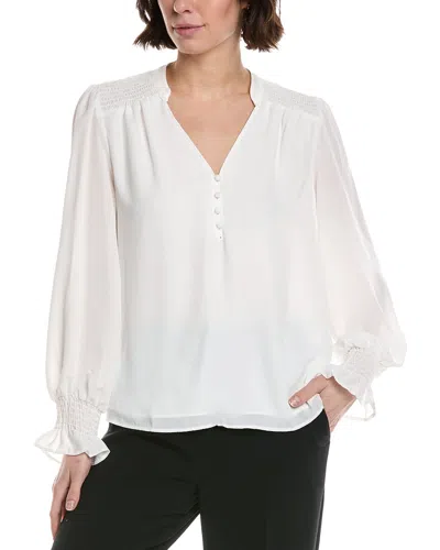 Cece Half Placket Smocked Accent Top In White