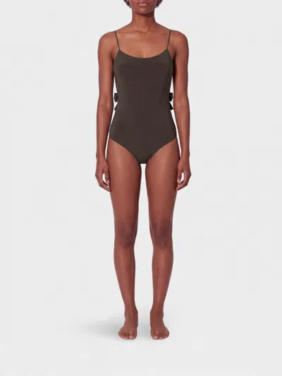 Jacquemus Cabana One Piece Swimsuit High Leg Ruffle In Brown