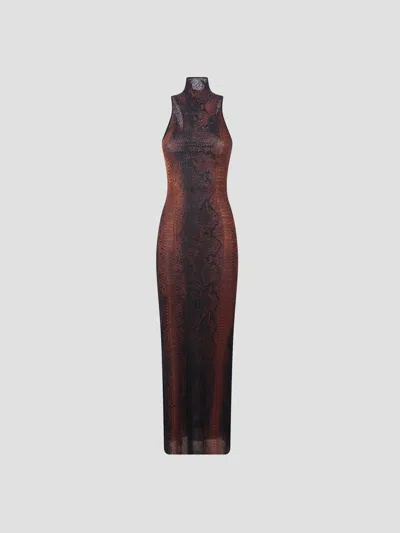 Jean Paul Gaultier Multicolor Snake Print High Neck Polyamide Maxi Dress In Black