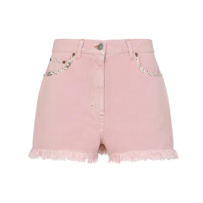 Valentino Knee Length Shorts Frayed Hem Floral Pockets Belt Loops In Pink