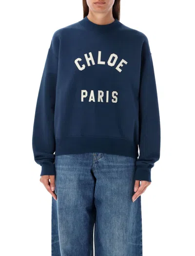 Chloé Blue Crewneck Sweatshirt With Logo Lettering Print In Cotton Woman In Blue