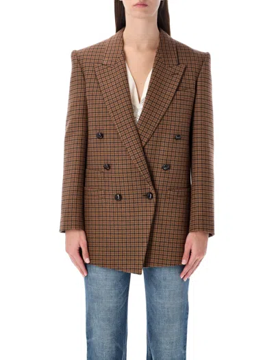 Chloé Checked Double-breasted Wool-blend Blazer In Brown