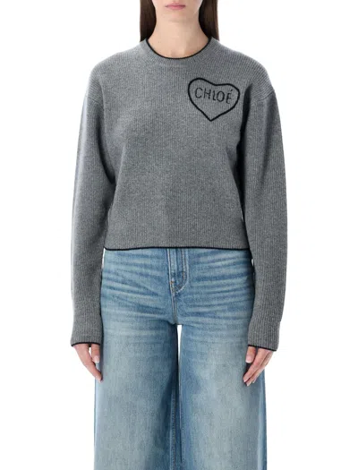 Chloé Fitted Cardigan With Logo In Wool And Cashmere Knit In Gray