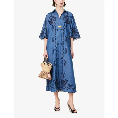 Zimmermann Womens Railway Blue Aster Embroidered Denim Midi Dress Xxs In Blue