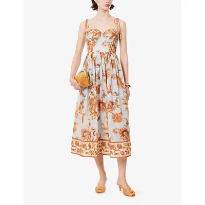 Zimmermann Womens Blue Jacobean Aster Corseted Printed Cotton Midi Dress In Multi