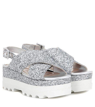 Miu Miu Glitter Crisscross Platform Slingback Sandals In Silver | ModeSens