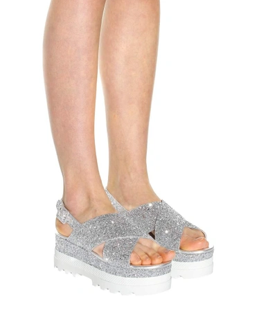 Shop Miu Miu Glitter Platform Sandals In Argeeto