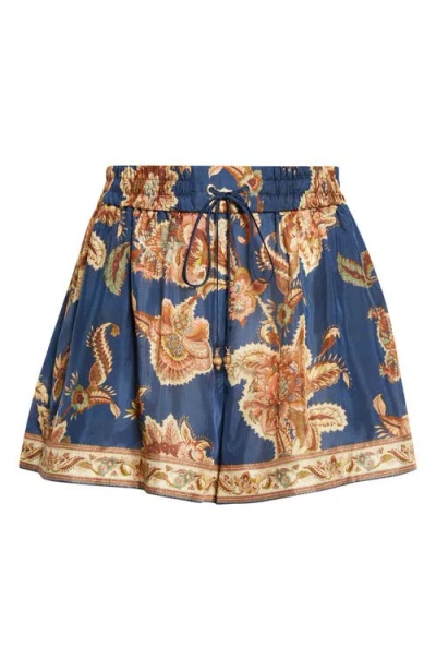 Zimmermann Aster Shorts Elastic Waistband Floral Trim Pockets In Blue