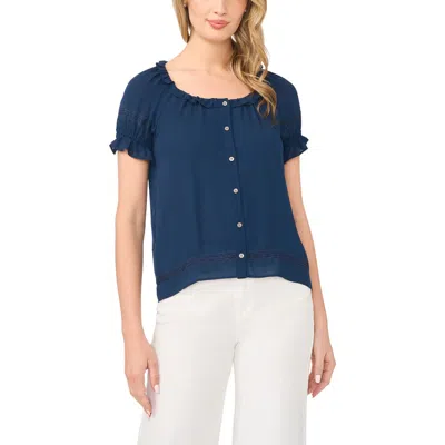 Cece Wide Ruffle Button Front Shirt In Blue