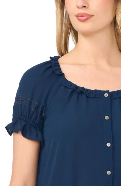 Cece Wide Ruffle Button Front Shirt In Blue