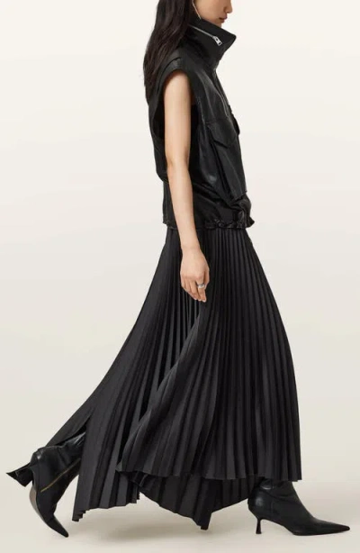 Allsaints Womens Black Jax Pleated Satin Midi Skirt In Black