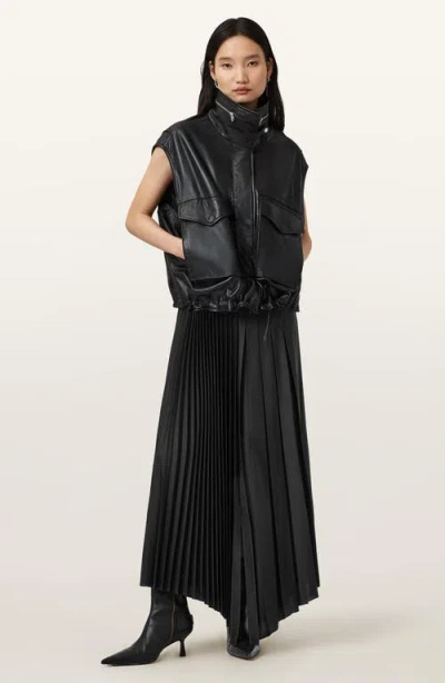 Allsaints Womens Black Jax Pleated Satin Midi Skirt In Black