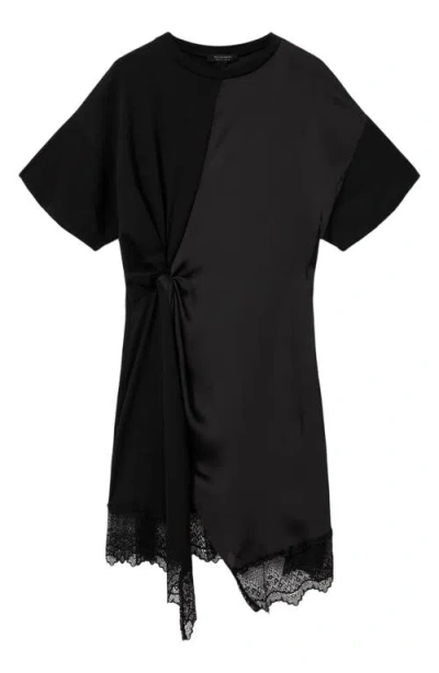 Allsaints Womens Black Lana Lace-embroidered Short-sleeve Cotton Mini Dress In Black