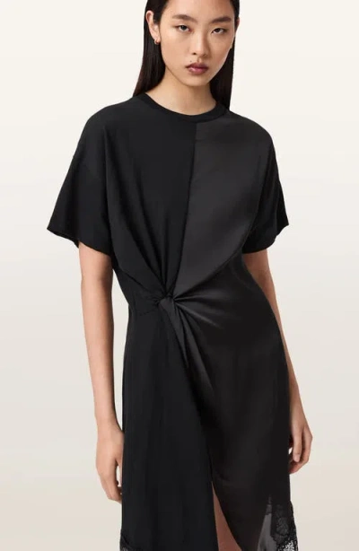 Allsaints Womens Black Lana Lace-embroidered Short-sleeve Cotton Mini Dress In Black