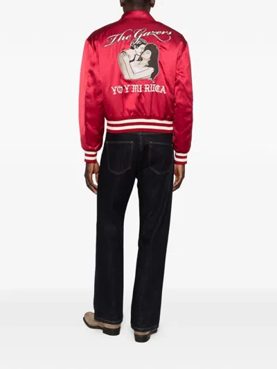 Second / Layer Satin-finish Embroidered Bomber Jacket In Red