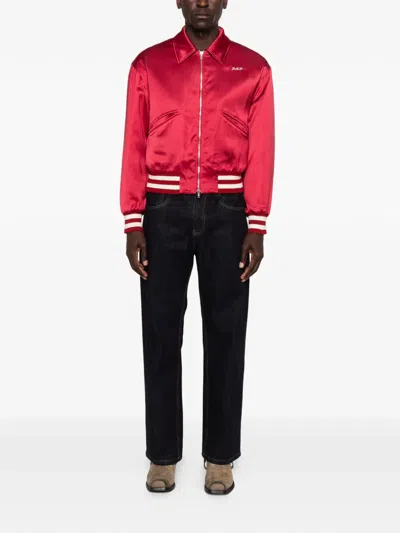 Second / Layer Satin-finish Embroidered Bomber Jacket In Red