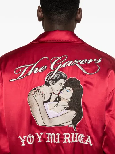 Second / Layer Satin-finish Embroidered Bomber Jacket In Red