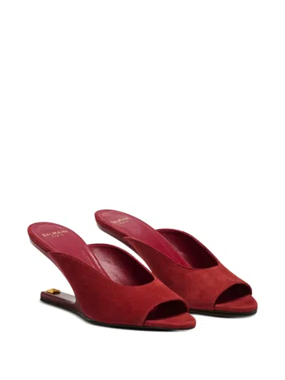 Balmain Suede Mule Sandals In Red