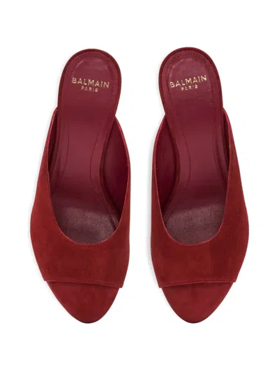Balmain Suede Mule Sandals In Red