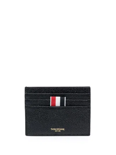 Thom Browne Textured Cowhide Leather Card Wallet With Iconic Striped Tab In Black