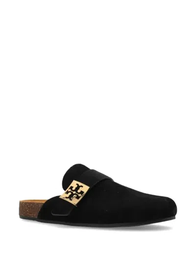 Tory Burch Mellow Black Slip-on Mule With Metallic Logo Buckle In Suede Woman