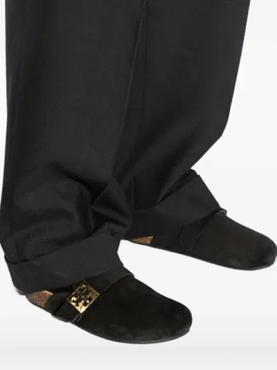 Tory Burch Mellow Black Slip-on Mule With Metallic Logo Buckle In Suede Woman