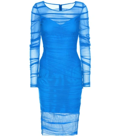 Versace Draped Stretch Tulle Dress In Blue