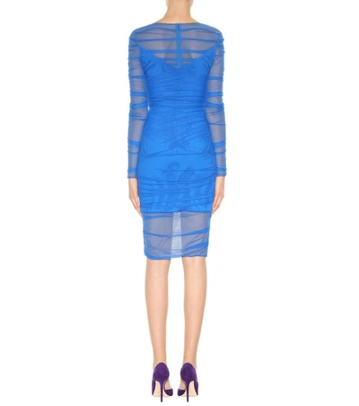 Shop Versace Ruched Mesh Dress In Blue