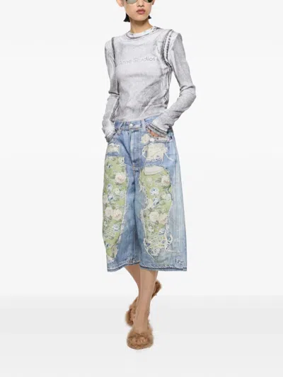 Acne Studios Floral-patchwork Distressed Shorts In Blue