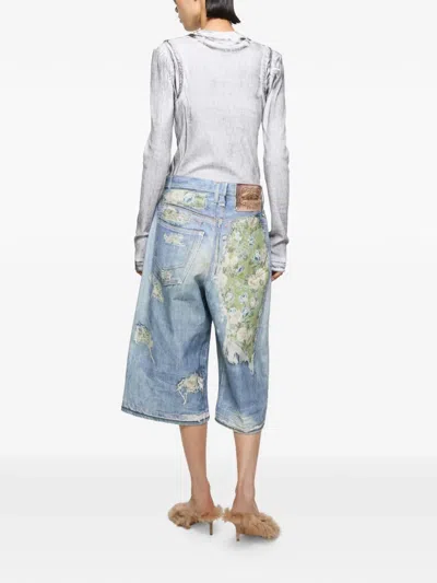 Acne Studios Floral-patchwork Distressed Shorts In Blue