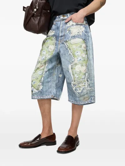 Acne Studios Floral-patchwork Distressed Shorts In Blue