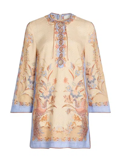 Zimmermann Womens Biscuit Scarf Floral Indra Floral-print Linen Tunic Mini Dress Xs In Neutral