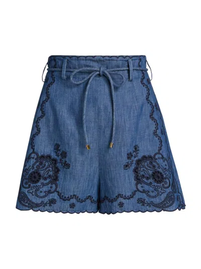 Zimmermann Womens Railway Blue Aster Embroidered Denim Shorts Xs In Blue
