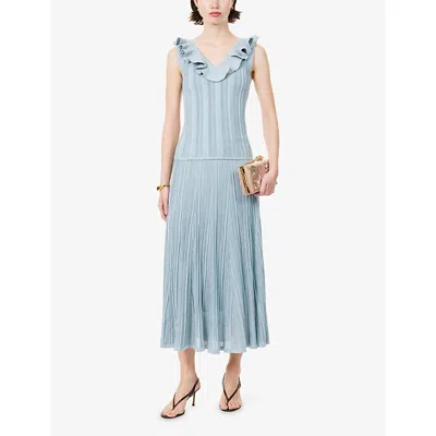 Zimmermann Womens Metallic Blue Aster Metallic Frilled Rib-knit Top In Blue