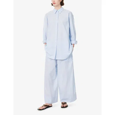 Totême Womens Sky Logo-embroidered Wide-leg Cotton And Linen Trousers In Blue
