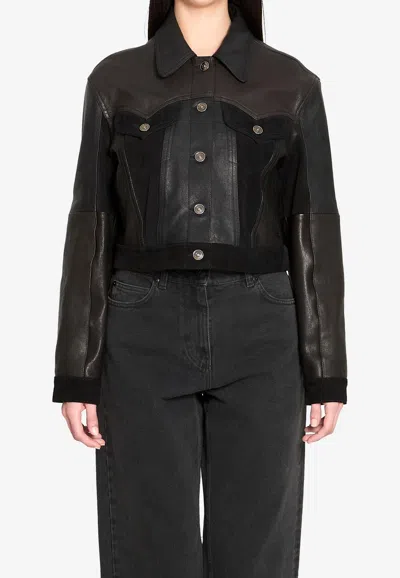 Versace Structured Leather Jacket With Suede Inserts In Black