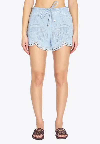 Zimmermann Daylight Scalloped Broderie Anglaise Denim Shorts In Blue