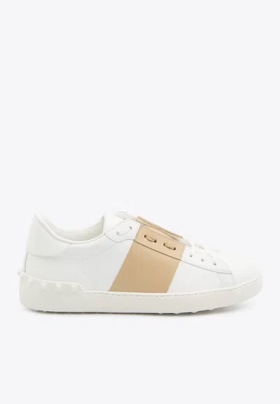 Valentino Garavani Open Sneakers In Leather With Contrast Colored Stripe And Stud Detail In Nude