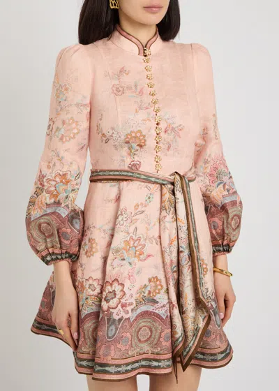 Zimmermann Womens Pink Paisley Alchemy Belted Floral-print Linen Mini Dress In Pink
