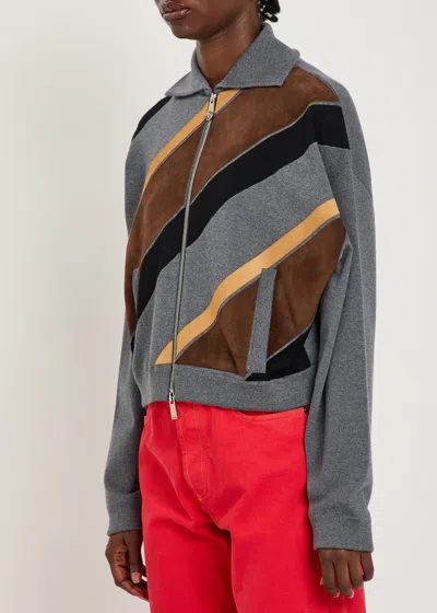 Versace Suede Patchwork Zip Jacket In Gray