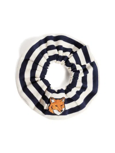 Maison Kitsuné Fox Head Striped Scrunchie In Black
