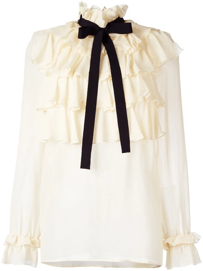 Gucci Ruffled Silk Georgette Shirt With Bow In Nude&neutrals