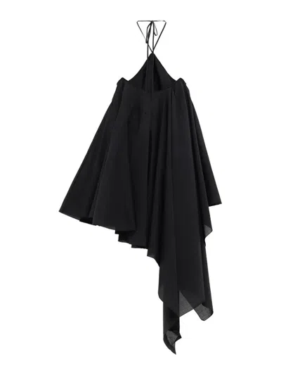 Jacquemus Courte Asymmetric Cotton-blend Crepon Halterneck Dress In Black