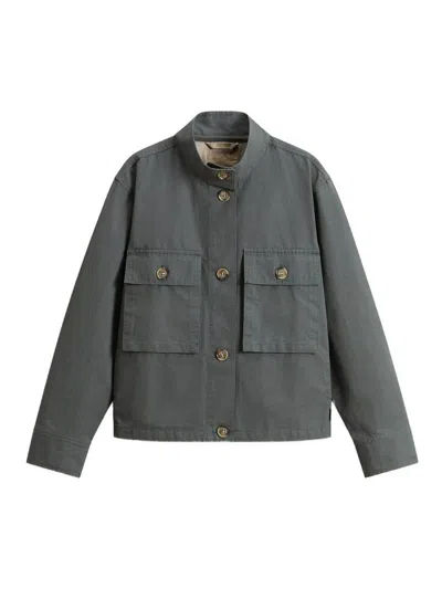 Woolrich Canvas Utility Overshirt Stand Collar Pockets In Gray